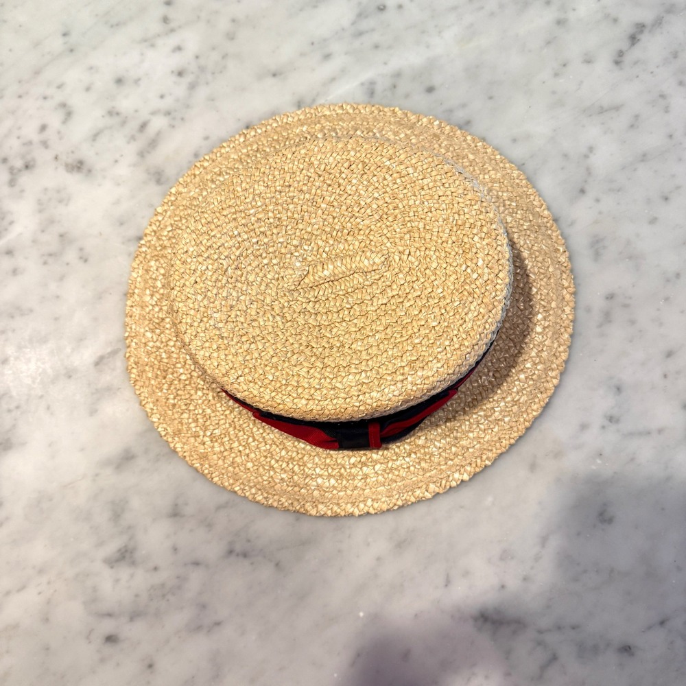 Scala Classica Natural Straw Boater Hat Navy Red Ribbon Bow Skimmer Handmade - Picture 6 of 8